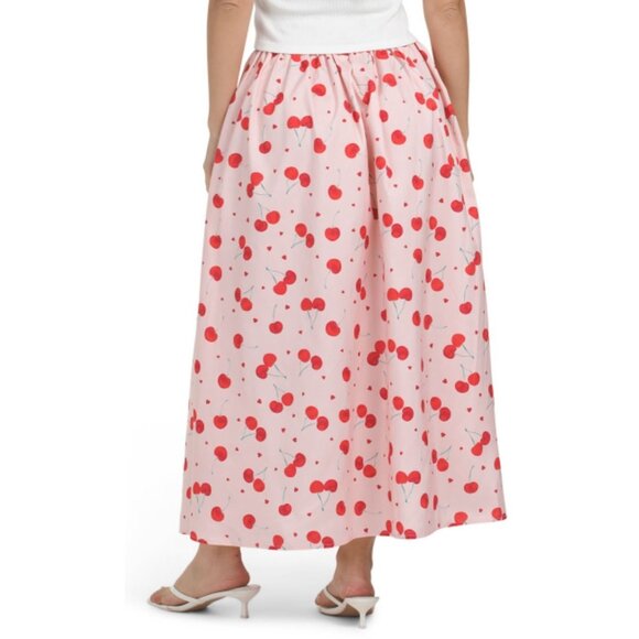 NWT US TOGETHER Cherry Printed Poplin Pink Elastic Waist Maxi Skirt Size Large - Picture 2 of 2